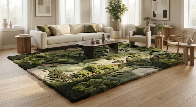 Hand-tufted Wool Moss Forest Rug, Sculpted Fern Landscape, Biophilic ...
