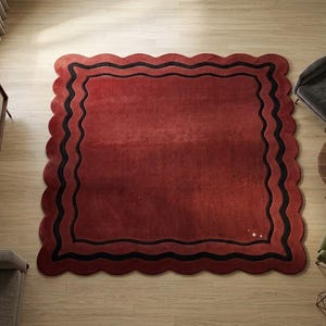 Alfombra rectangular festoneada de lana de Nueva Zelanda de 2.4 x 3 m (8 x 10 pies) en color rojo óxido y negro / Alfombra de área suave y mullida tejida a mano de primera calidad