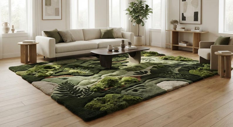 Hand-tufted Wool Moss Forest Rug, Sculpted Fern Landscape, Biophilic ...