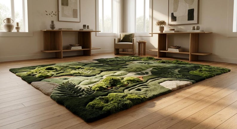 Hand-tufted Wool Moss Forest Rug, Sculpted Fern Landscape, Biophilic ...