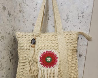 Boho gehaakte draagtas, grote rieten strandtas met franjes, handgemaakte zomerse schoudertas, bohemian damestas, vakantietas