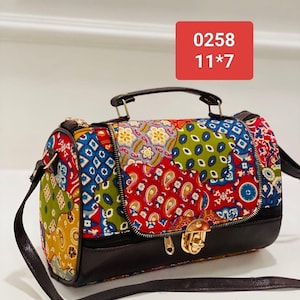 Colorful Patchwork Cotton Mini Duffle Bag 11x7 Inch, Handmade Quilted Travel Handbag with Sling Strap, Boho Ethnic Print Lightweight  Bag