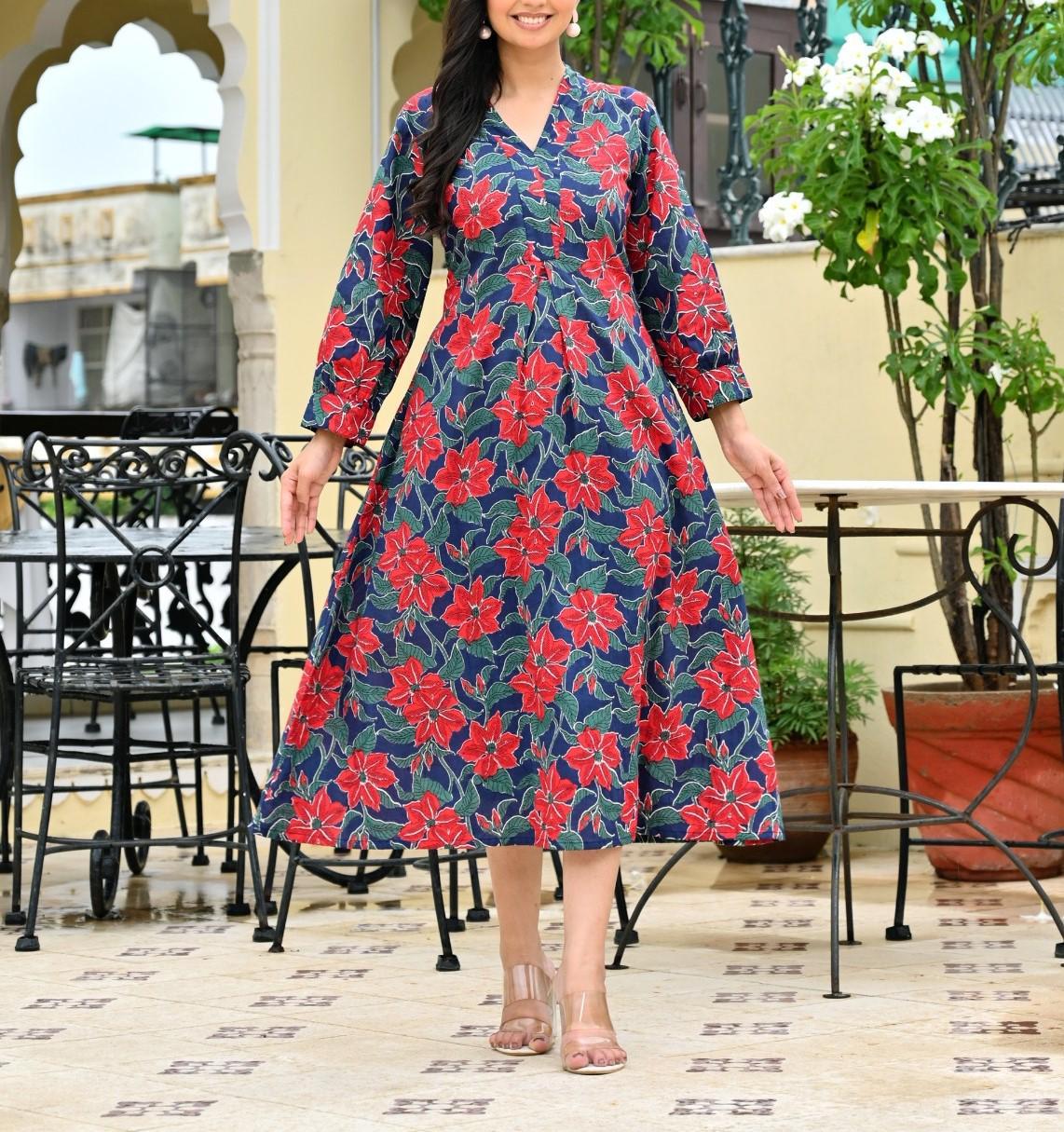Blue Floral Cotton Midi Dress for Women, A-Line Printed Kurti Dress, Casual Ethnic Wear,Summer Dress, Comfortable Everyday Outfit