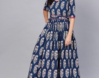 Vestido Anarkali largo hasta el suelo con estampado azul real para mujer, vestido Anarkali indio, kurta maxi étnica, kurta para fiesta festiva