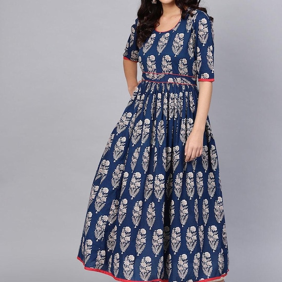 Royal Blue Printed Floor Length Anarkali Dress for Women, Indian Anarkali Gown, Ethnic Maxi Kurta, Festive Party Wear Kurta