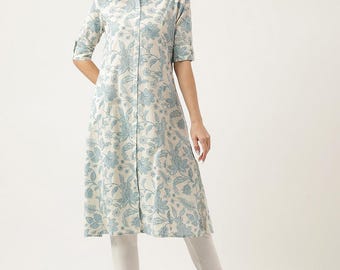Blue Floral Cotton A-Line Kurta Plus Size | Women Floral Kurti Dress | Indian Ethnic Tunic | Long Cotton Kurta | Bohemian Kurta Dress |