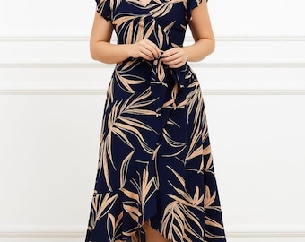 Plus size marineblauwe midi-jurk met bloemenprint van rayon, zwierige boho-jurk met riem, jurk met V-hals en uitlopende mouwen, casual elegante outfit