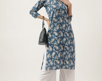 Kurta van katoen met paisleyprint voor dames tot maat 7XL, recht model Indiase kurti, etnische katoenen tuniek, casual kurta voor dagelijks gebruik.