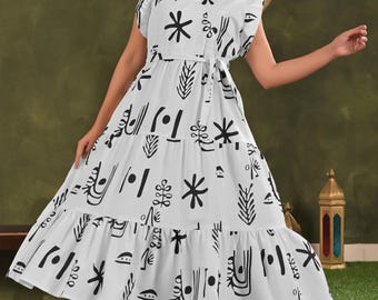 Witte en zwarte katoenen midi-jurk met print en zakken, jurk met uitlopende mouwen en ruches, A-lijn zomerjurk, casual boho-jurk voor dames