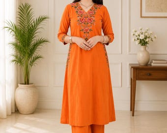 Roestbruine katoenen kurta-palazzo set voor dames, met kruissteek geborduurd Indiaas pak, traditionele feestoutfit, katoenen co-ord set