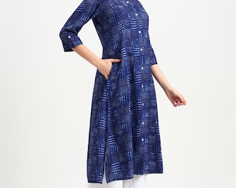 Kurta de rayón con estampado geométrico azul índigo de talla grande para mujer, vestido kurti étnico indio, top kurta informal de rayón, kurti recto para uso diario.