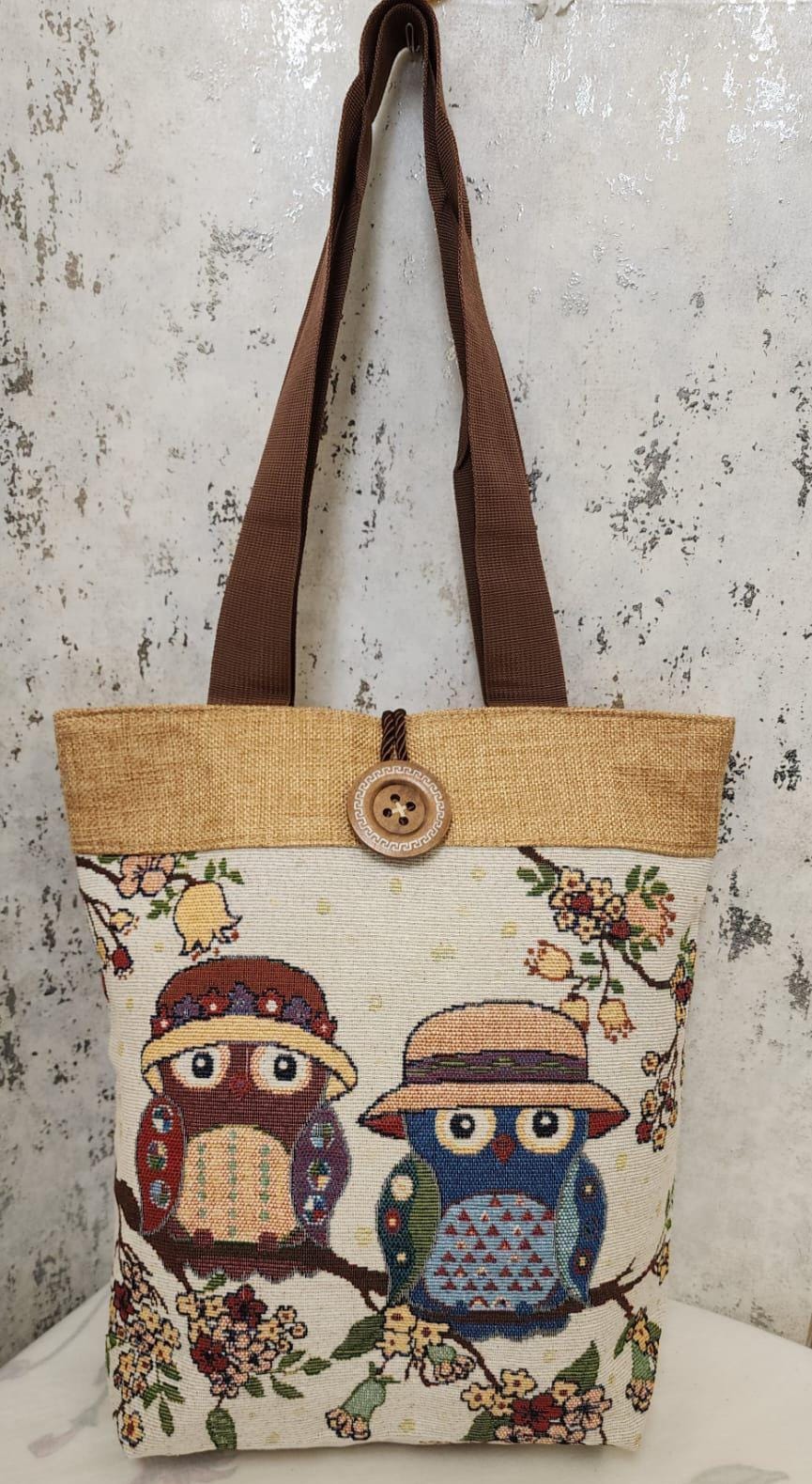 Handmade Jute Tote Bag 13x15 Inch, Owl Print Shoulder Bag, Eco Friendly Shopping Bag, Large Fabric T
