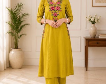 Gele katoenen kurta-palazzo set voor dames, met kruissteek geborduurd Indiaas pak, etnische kleding met bloemenprint, traditionele feestoutfit.