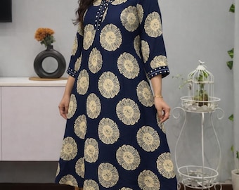 Plus size blauwe designer kurti met bloemenprint voor dames, katoen, rayon etnische kurta top, boho tuniek, Indiase kurti met print, comfortabele kantoorkleding
