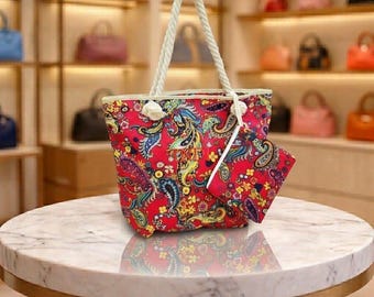 Rode jute draagtas met paisleyprint, etnische boho schoudertas, grote herbruikbare, milieuvriendelijke boodschappentas, handgemaakte Indiase draagtas voor dames