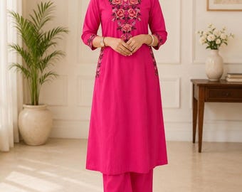 Roze katoenen kurta-palazzo set voor dames, met kruissteek geborduurd Indiaas pak, etnische kleding met bloemenprint, traditionele feestoutfit.