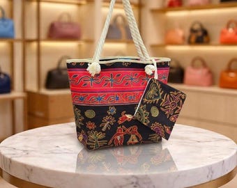 Tote tas van jute met tribale print, schoudertas geïnspireerd op Warli-kunst, boho-etnische shopper, milieuvriendelijke herbruikbare, handgemaakte damestas.