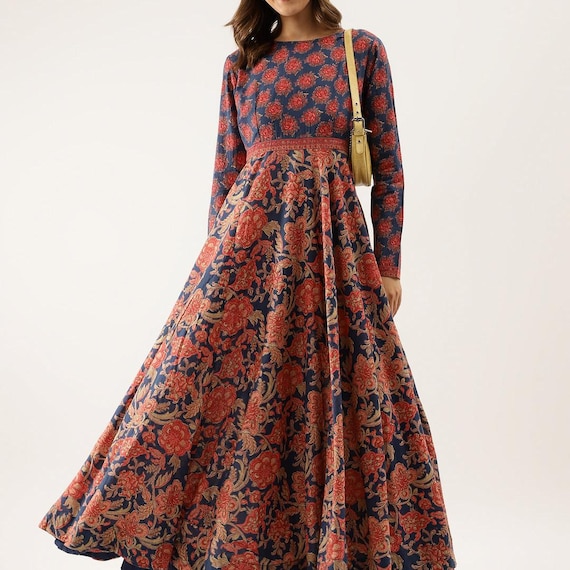 Full Flair Length Blue Maroon Floral Printed Cotton Long Kurta for Women, Ethnic Indian Kurti Dress, Casual Daily Wear Cotton Kurta, 7xl,6xl