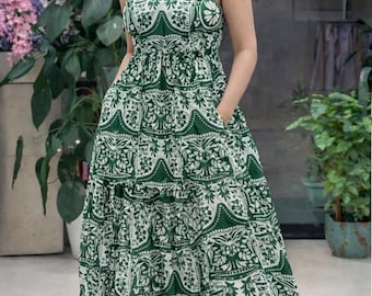 Groene mouwloze katoenen midi-jurk met zakken, designer A-lijn zomerjurk, casual zwierige jurk voor dames, minimalistische jurk voor elke dag.