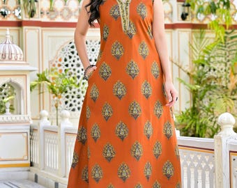 Oranje mouwloze kurti met bloemenprint en zakje, katoenen etnische kurta voor dames, casual zomerkurti, Indiase tuniek, boho kurti