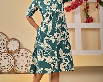 Rama groene katoenen midi-jurk met bloemenprint, overhemdjurk met knoopsluiting, A-lijn zomerjurk, casual kantoorjurk, boho-jurk met bloemenprint voor dames