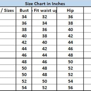 May include: A size chart in inches, with measurements for bust, waist, hip, and shoulder. Sizes range from XXS to 7XL, with corresponding measurements in inches. The chart is designed to help customers find the right fit.