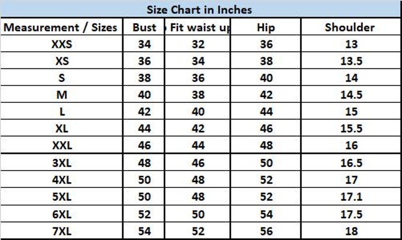 May include: A size chart in inches, with measurements for bust, waist, hip, and shoulder. Sizes range from XXS to 7XL, with corresponding measurements in inches. The chart is designed to help customers find the right fit.