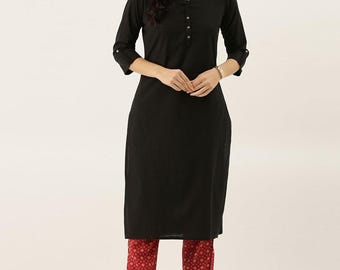 Zwarte effen rechte kurti voor dames, verkrijgbaar in maten XS tot 10XL, met oprolbare mouwen, casual Indiase tuniek, minimalistische etnische kurti, geschikt voor dagelijks gebruik.