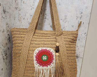 Bruine geweven draagtas, boho gehaakte schoudertas met kwastjes, grote rieten zomertas, strandtas, handgemaakte bohemian damestas