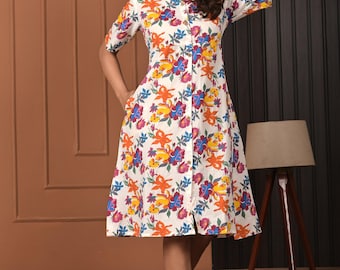 Plus size witte katoenen designerjurk met bloemenprint voor dames, boho midi-jurk, casual zomerjurk van katoen, zwierige, losvallende elegante outfit
