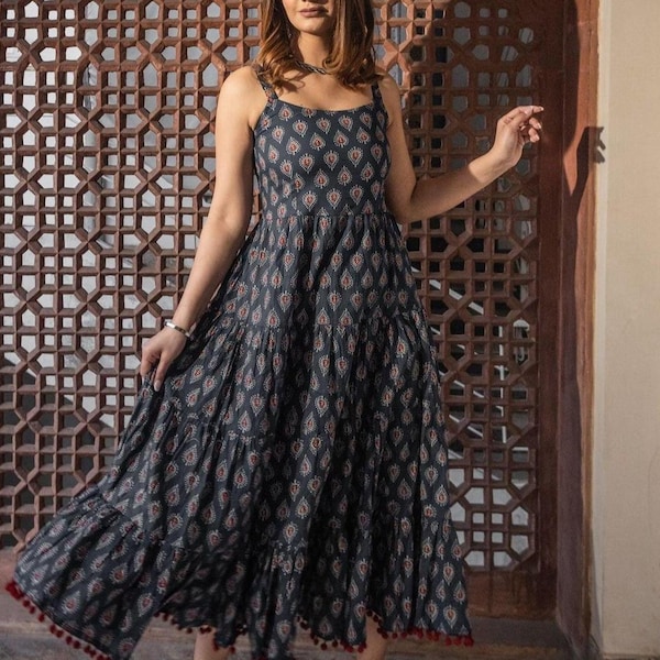 Navy Blue Buti Printed Shoulder Strap Long Dress Plus Size, Cotton Maxi Dress Women, Indian Ethnic Dress, Boho Summer Dress