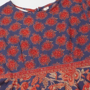 Puede incluir: Vestido azul con un estampado floral de rosas rojas. El vestido tiene un cuello redondo y un borde detallado con un dise&ntilde;o floral. La tela parece suave y ligera, adecuada para climas c&aacute;lidos. Talla 'S'.