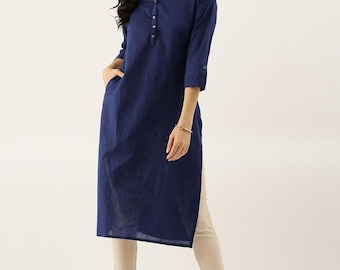 Regular & Plus Size Blue Solid Straight Kurti, Roll Up Sleeve Kurta Top for Women, Casual Indian Tunic, Minimalist Daily Wear Kurti 10XL