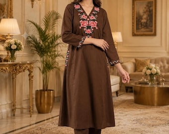 Katoenen Kurta Palazzo Set met Dupatta voor Dames, Geborduurd Indiaas Pak met Kruissteek, Etnische Kleding met Bloemenprint, Feestelijke Kurta Set.
