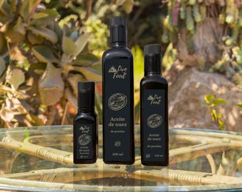 Live Food Aceite de Nuez Prensado en Frío Sin Refinar - Aceite de Nuez Artisanal para Cocina Gourmet, Cuidado de Piel y Pelo, Omega 3 Vegano