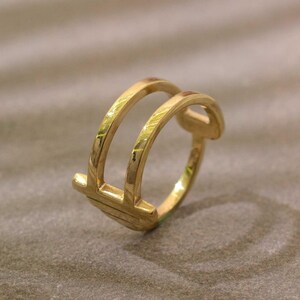 Gold Double Band Geometric Ring, Modern Open Parallel Bar Ring, Minimalist Architectural Statement