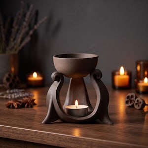 May include: A dark brown ceramic oil burner featuring a smooth, rounded bowl at the top supported by a curved, sculptural base. A small, lit tea light candle sits within the central opening of the base, providing a warm glow beneath the bowl.