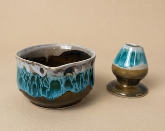 Keramische matchakomset met gardehouder – Japanse theeceremonie Chawan Gift