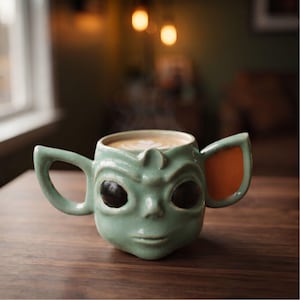 Handgemaakte groene alienmok, sculpturale keramische koffiekop, uniek cadeau voor sciencefictionfans