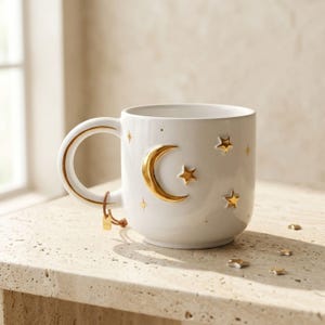 Puede incluir: Una taza de cerámica blanca con una luna creciente y varias estrellas doradas en relieve. El asa está decorada con un borde dorado y una pequeña etiqueta de cuero marrón. El diseño incluye pequeños detalles de estrellas doradas dispersas.