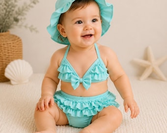 Infant Baby Girl 3 Piece Swimsuit Set, Ruffle Bow Bikini Swimwear with Matching Swim Cap, Summer Beach Bathing Outfit