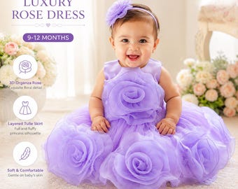 Baby Girl Princess Dress: 3D Rose, Layered Tulle, Birthday Gown