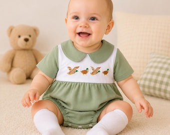 Babypojke med ank, smockad bubbelbody, jakttema babyoutfit, kortärmad krage-sparkdräkt, kläder för nyfödda pojkar