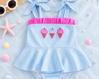Baddräkt för babyflicka | Badkläder med glassbroderi | Randig baddräkt med volanger