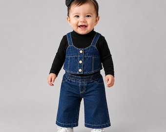 Flickors denimset med 3 delar, klänning med strumpeband och långärmad topp