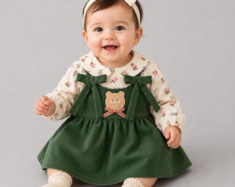 Blommig klänning för babyflicka, långärmad outfit för småbarn, rosettdetalj, vår- och höstkläder