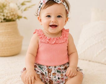 Sommaroutfit för babyflicka, axelbandslös sparkdräkt, blommiga shorts, set med pannband