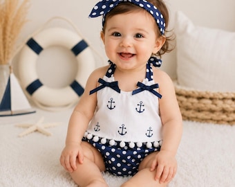Outfitset voor nautisch anker babymeisje, polkadot bloeiers, hoofdband zomerkleding
