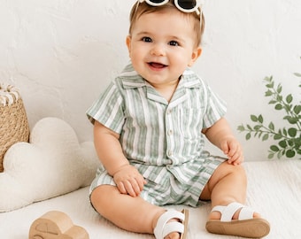 Baby Summer Outfit, Green Stripe Shirt and Shorts Set, Button Lapel Top, Toddler Clothing