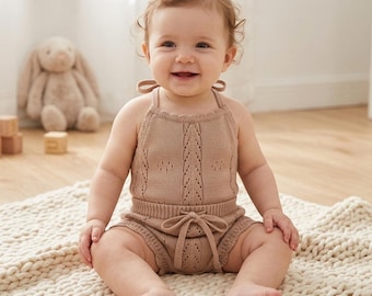 Baby sommarkläder set ärmlös stickad sparkdräkt med dragsko och shorts